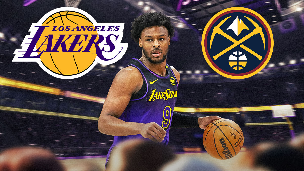 Bronny James with Lakers and Nuggets logos in the background.