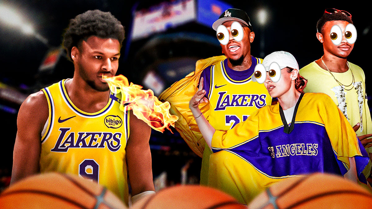 Bronny James on one side breathing fire, a bunch of Los Angeles Lakers fans on the other side with the big eyes emoji around them