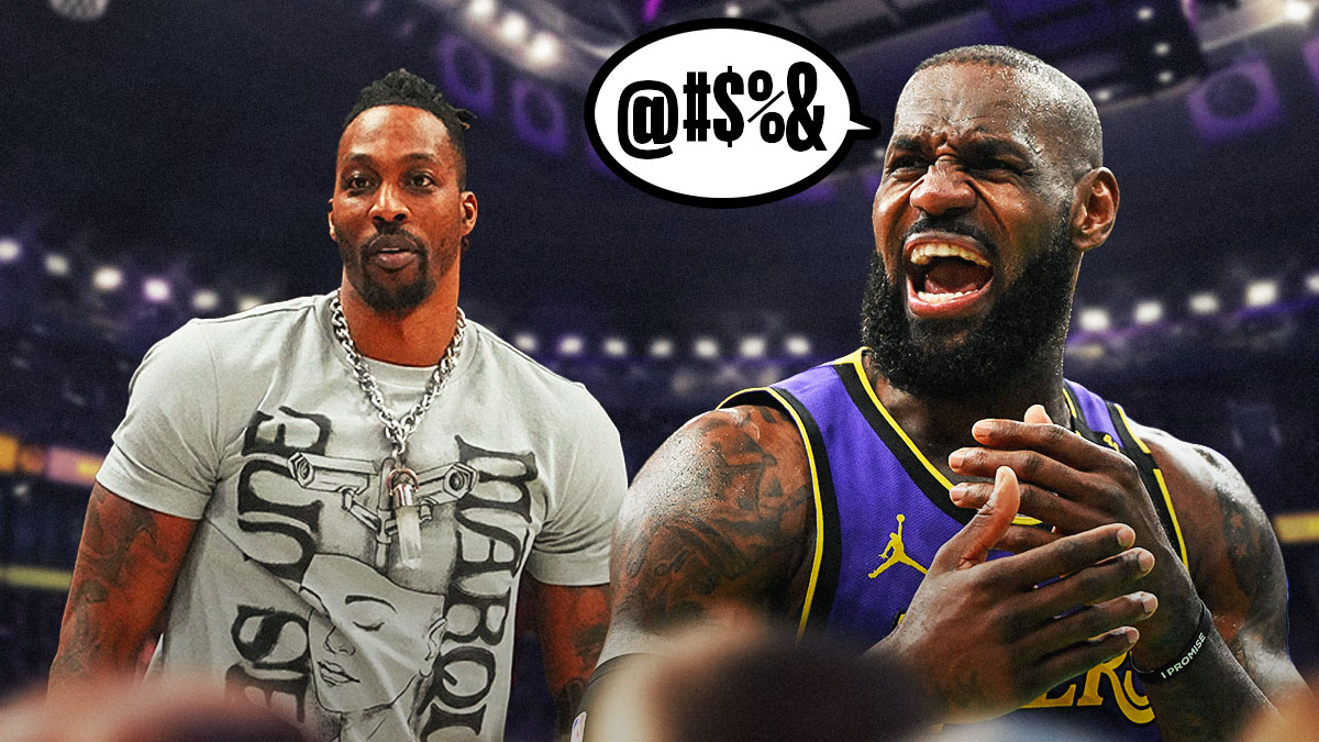 Lakers' LeBron James looking angry at Dwight Howard, with speech bubble containing grawlix on Howard