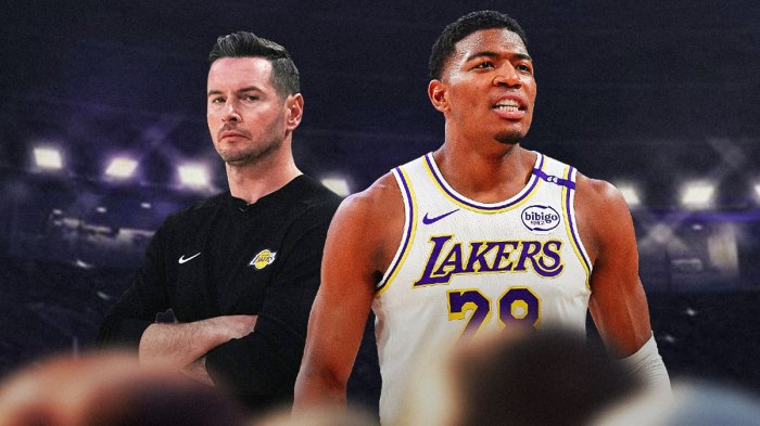 LA Lakers coach JJ Redick alongside LA Lakers player Rui Hachimura. Have the Lakers arena in the background, injury