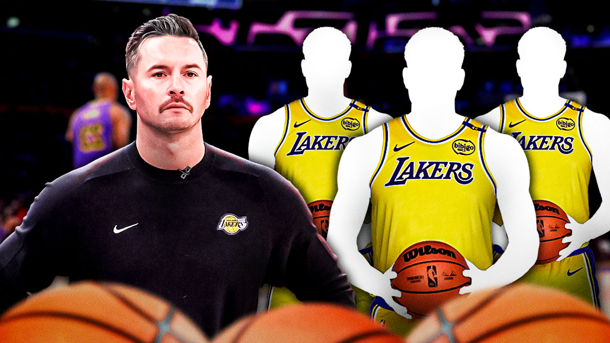 JJ Redick with three mystery players in Lakers jerseys,