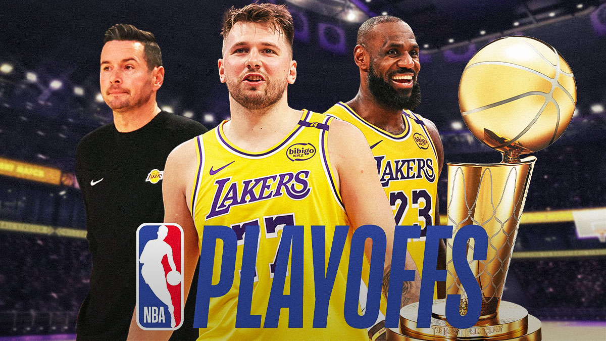 Lakers' JJ Redick, Luka Doncic, and LeBron James smiling, with playoffs logo and Larry O'Brien trophy beside them