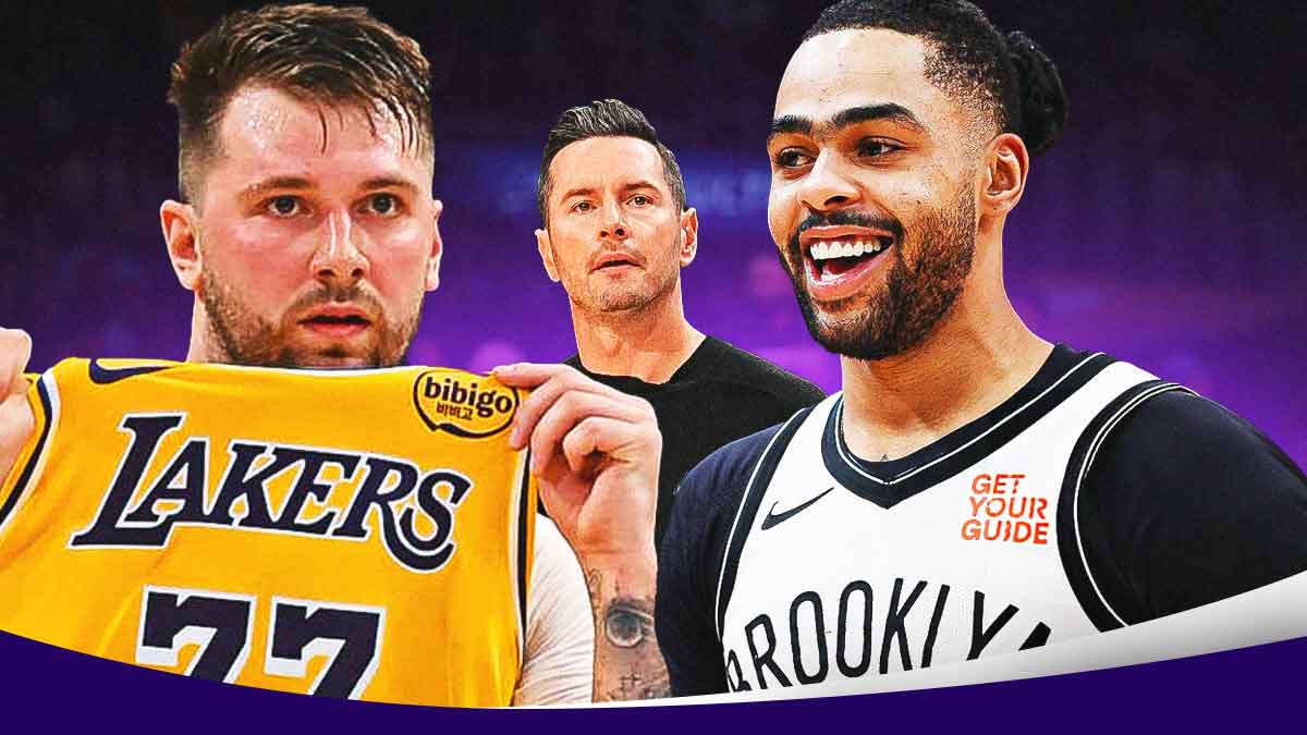 JJ Redick looking frustrated at Lakers' Luka Doncic, with Nets' D'Angelo Russell smiling