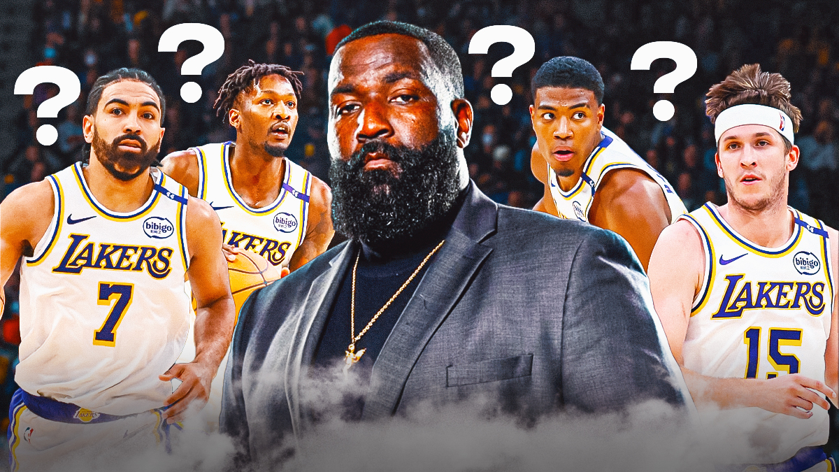 Kendrick Perkins looking at Lakers' Austin Reaves, Rui Hachimura, Gabe Vincent, and Dorian Finney-Smith, with question marks all over