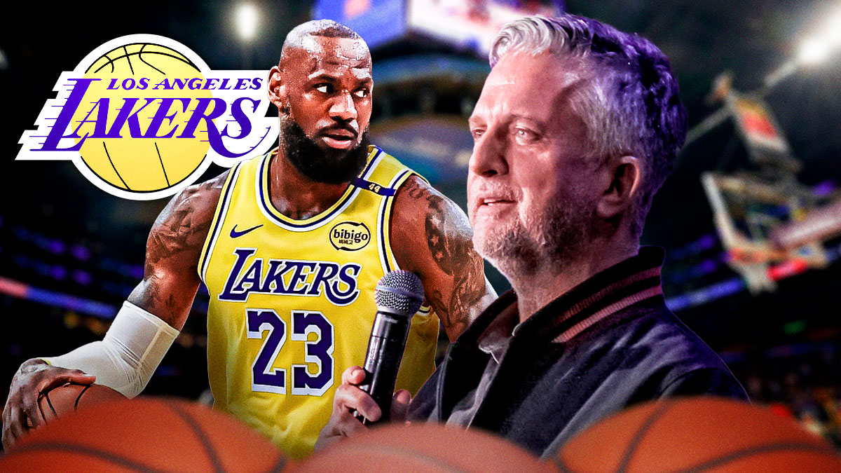 The Ringer's Bill Simmons next to Lakers All-Star LeBron James with the Lakers logo in the background