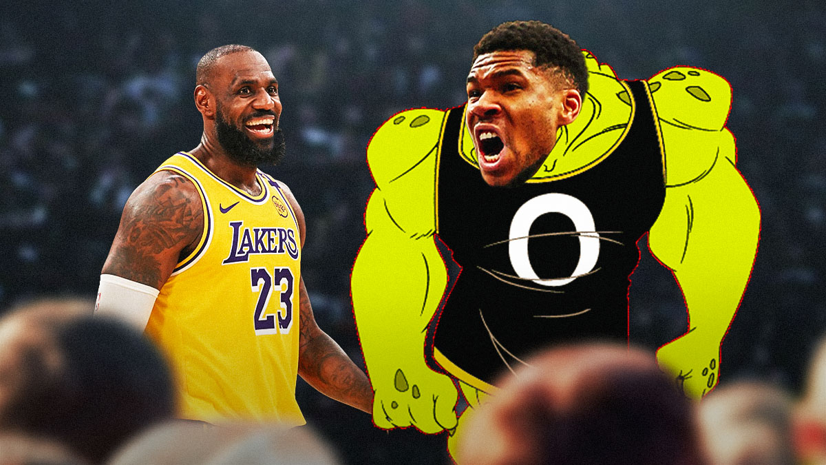 Bucks' Giannis Antetokounmpo as a Monstar from Space Jam (1996), with Lakers' LeBron James smiling
