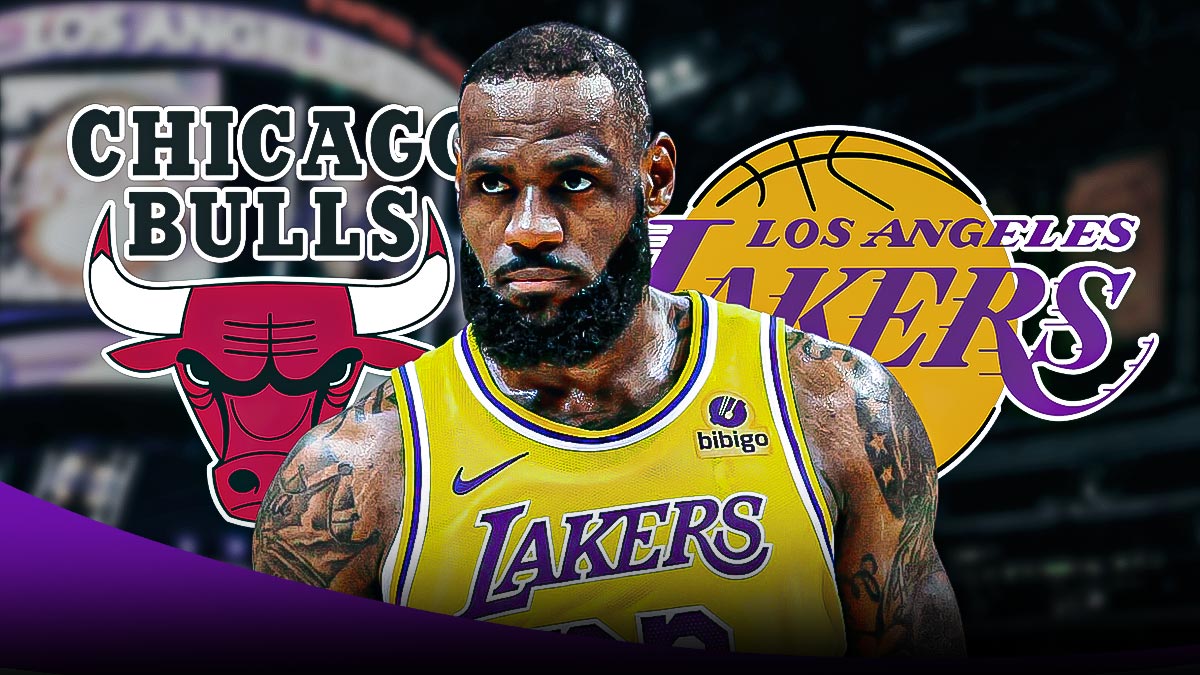 LeBron James looking disappointed. Bulls and Lakers logo in the background.