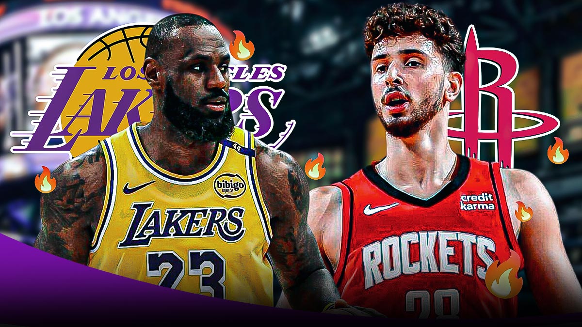 LeBron James and Alperen Sengun, LA Lakers and Houston Rockets logos, fire symbols
