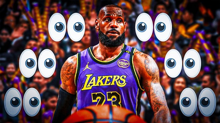 LeBron James on one side, a bunch of Los Angeles Lakers fans on the other side with the big eyes emoji over their faces
