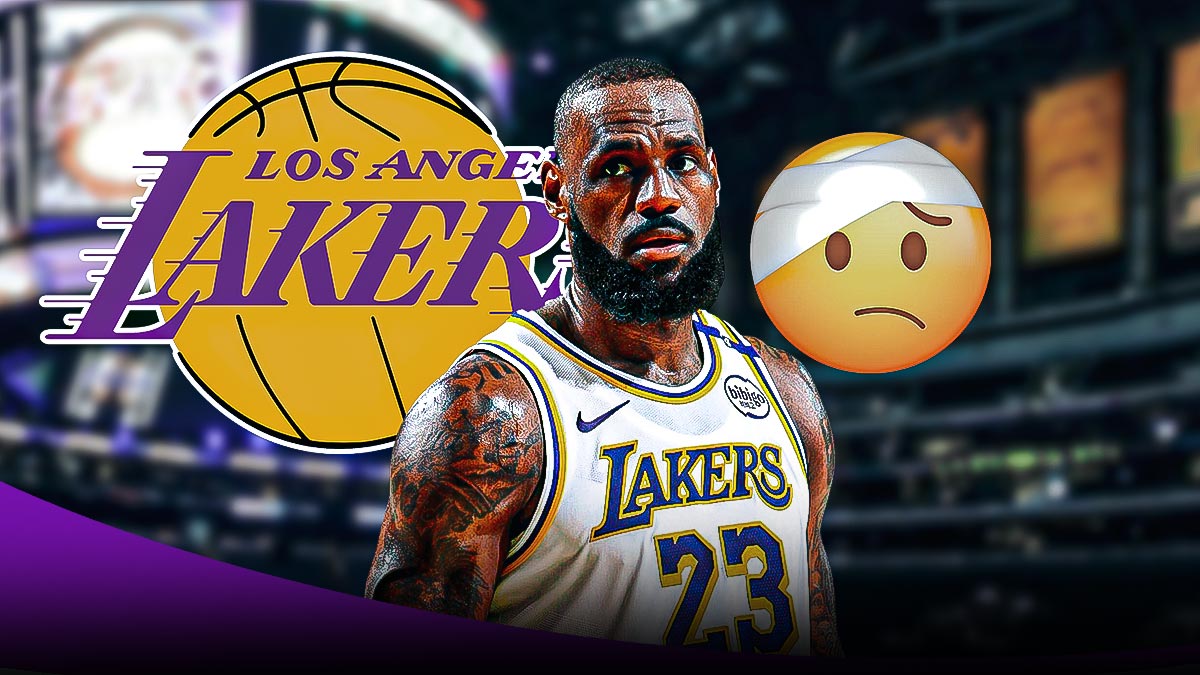 LeBron James looking serious. Injury emoji and Lakers logo on either side of him. Crypto.com Arena as the background image.