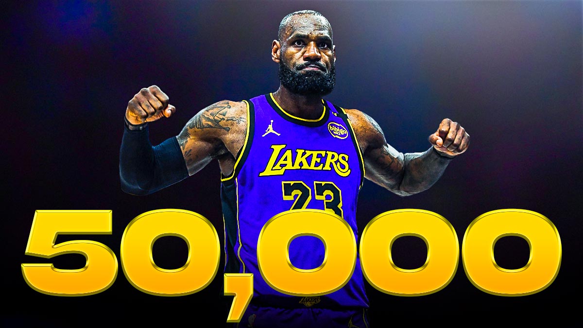 Lakers' LeBron James flexing his muscles, with "50,000" in gold written beside him