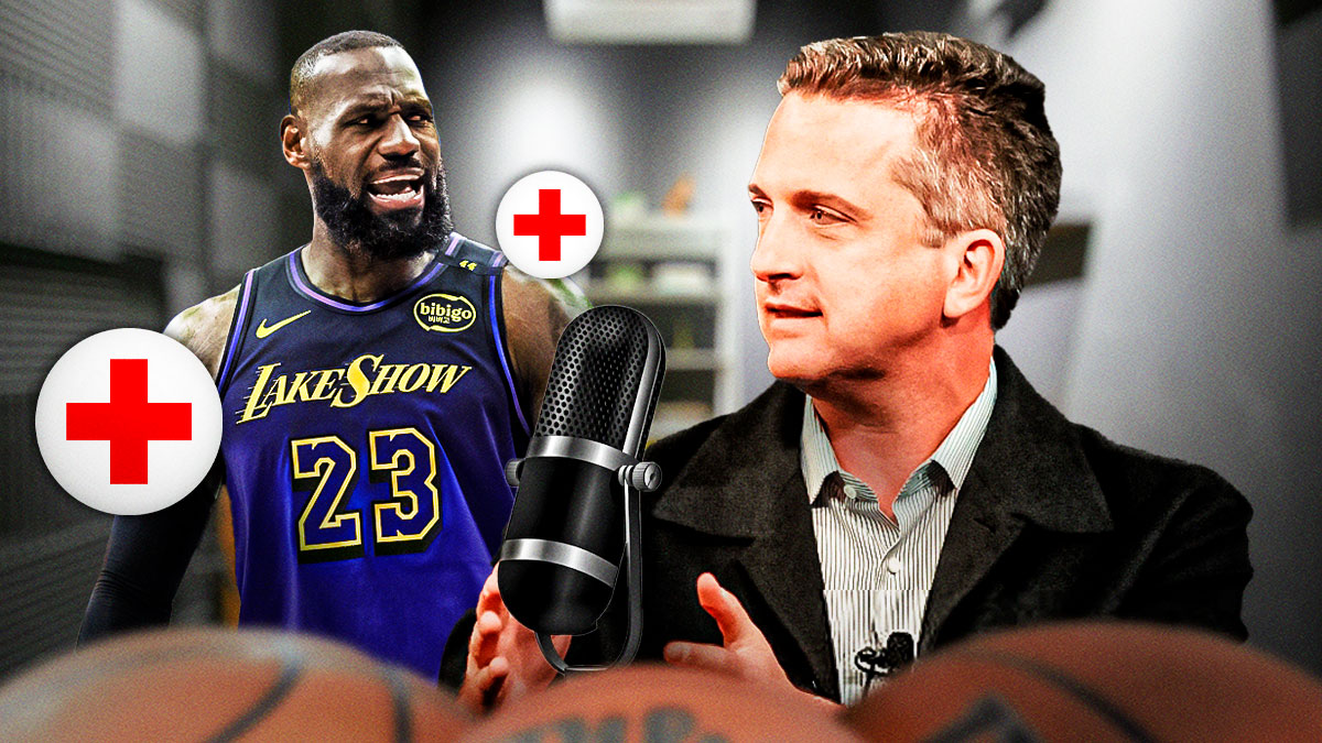 Bill Simmons with a podcast microphone in front of him, and Lakers forward LeBron James with medical signs around him.