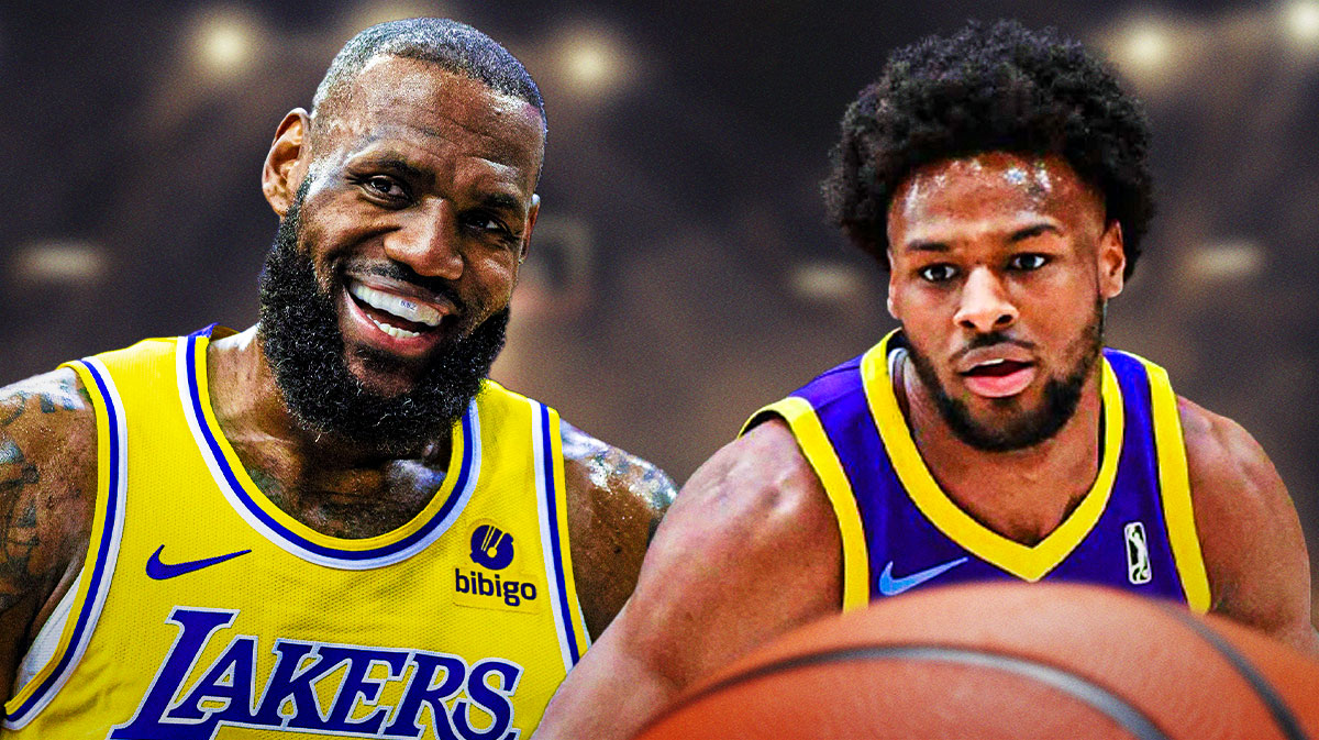 Lakers star LeBron James looking excited at Bronny James.