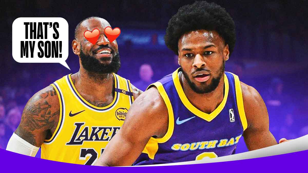 Lakers' LeBron James with stars on his eyes while looking at Bronny James (in G-League uniform), with speech bubble on James: "THAT'S MY SON!"