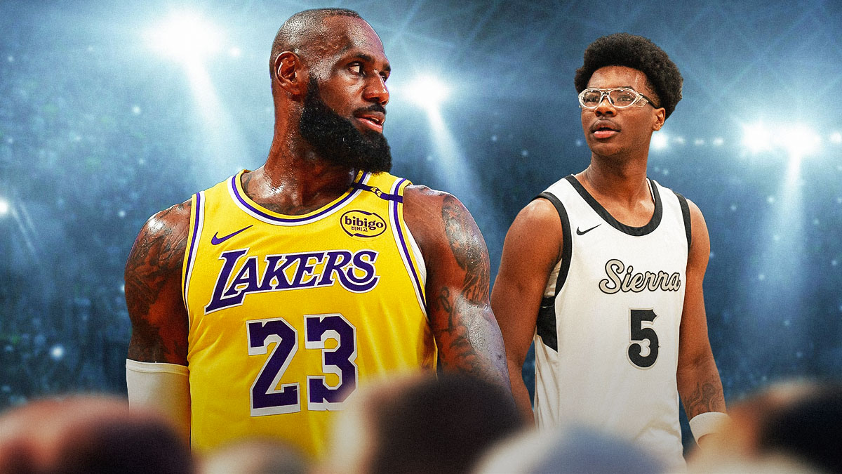 LA Lakers player LeBron James alongside his a current/recent image of his son Bryce James, Sierra Canyon state title