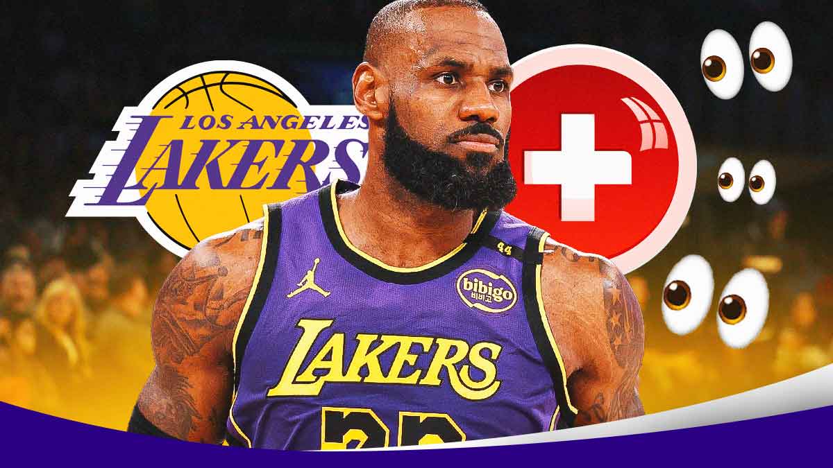 LeBron James, LA Lakers logo, injury signs and eyes symbols