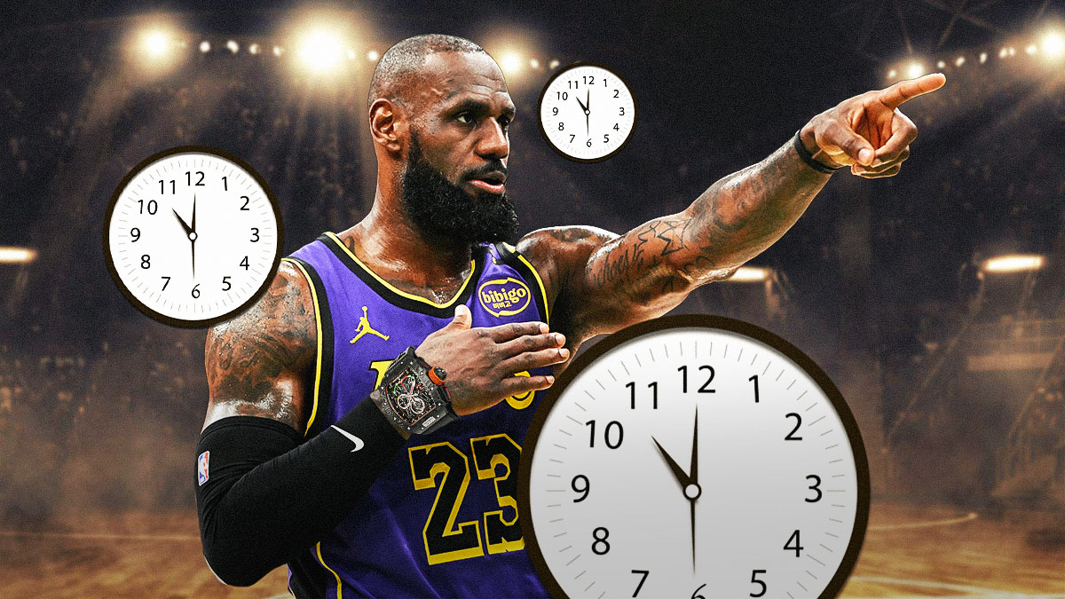 Lakers' LeBron James wearing a huge watch, with clocks all over him