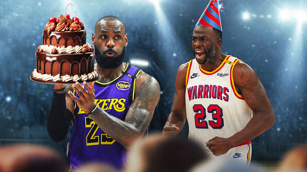 Lakers’ LeBron James holding a birthday cake, with a party hat on Warriors’ Draymond Green