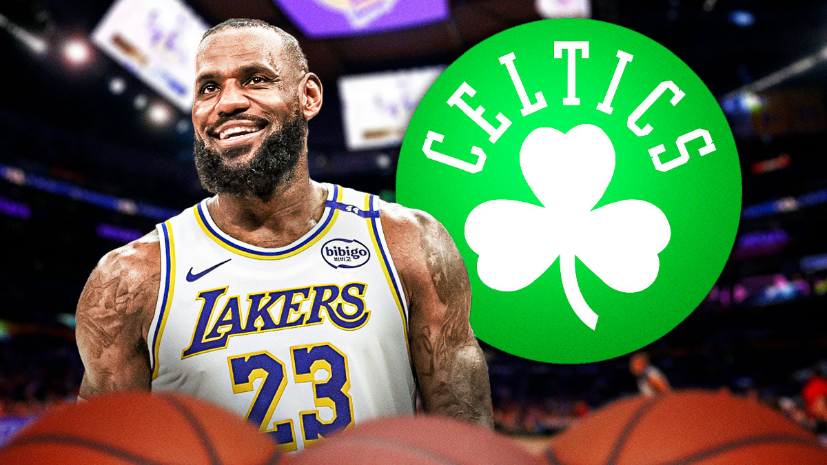 Lakers' LeBron James, smiling next to a big Celtics logo.