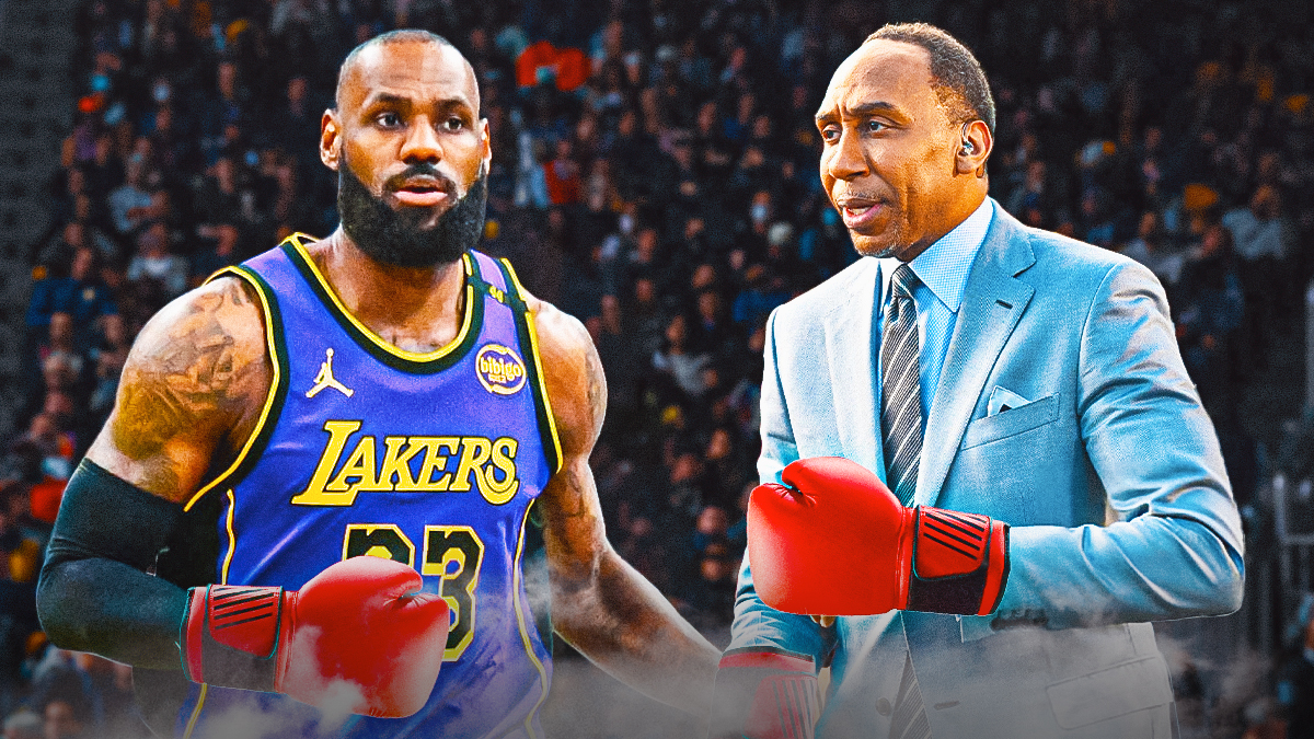 Lakers' LeBron James and Stephen A. Smith, both with boxing gloves on