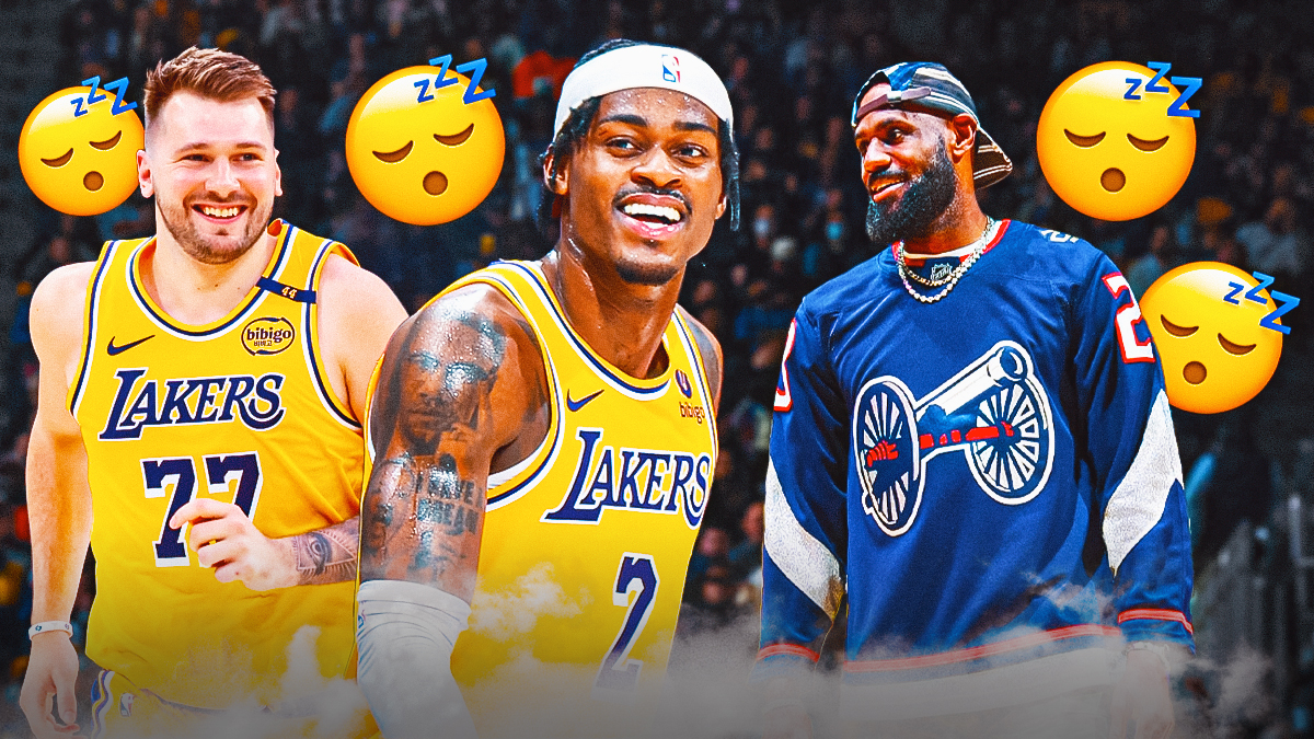 Lakers' Luka Doncic, Jarred Vanderbilt smiling, with LeBron James (in casual clothes) beside them, with sleepy emojis all over them