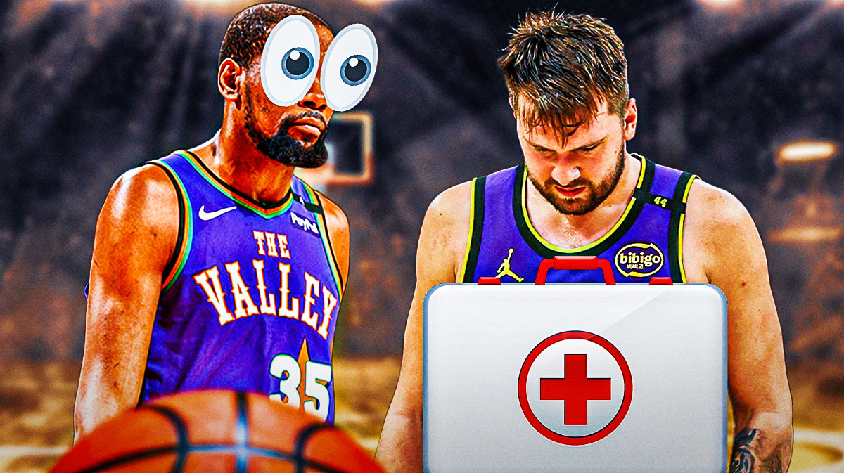 Lakers' Luka Doncic with a first aid kit, Suns' Kevin Durant looking at him with big eyes