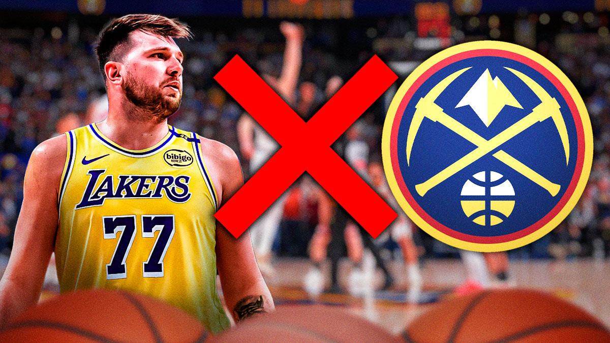 Lakers star Luka Doncic, red x next to him, Nuggets, Ball Arena in back