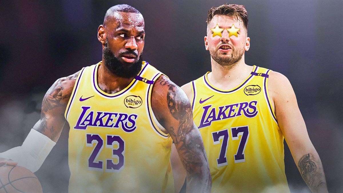 Lakers' Luka Doncic with starry eyes, while looking at LeBron James