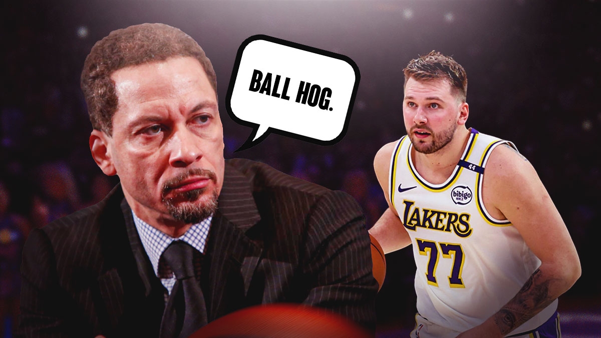 (Left)Chris Broussard with a bubble quote that says "Ball hog." To the right is Lakers forward Luka Doncic.