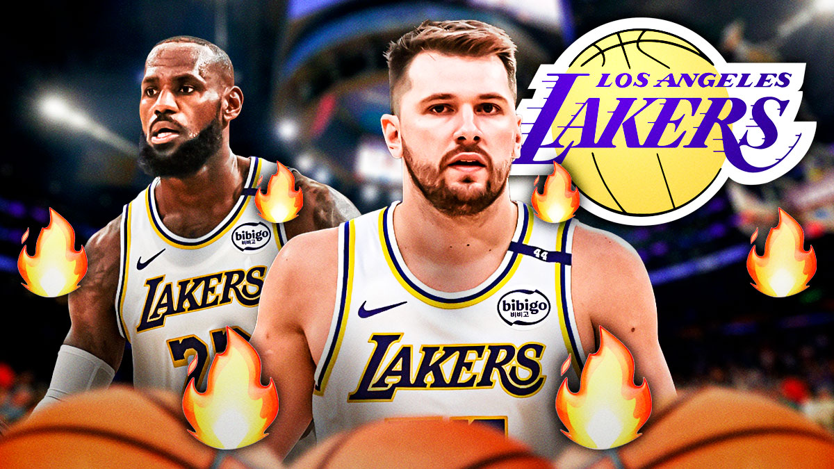 Luka Doncic and LeBron James, LA Lakers logo, fire symbols