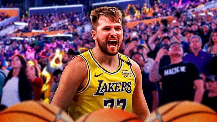 Luka Doncic looking hyped in front of Los Angeles Lakers fans in front of Crypto.com Arena. Injury