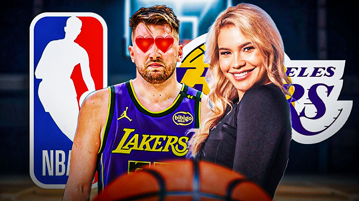 Luka Doncic in a Lakers jersey with his wife, Anamaria Goltes, the Lakers logo and the NBA logo next to him with hearts over his eyes.