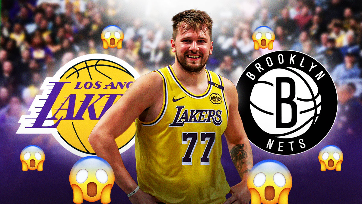 Luka Doncic, LA Lakers and Brooklyn Nets logos, shocked symbols