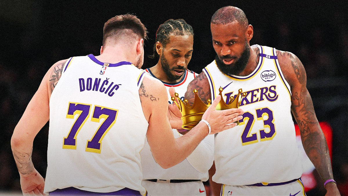 Lakers' Luka Doncic handing over a crown to LeBron James, with Clippers' Kawhi Leonard kneeling before Doncic and James