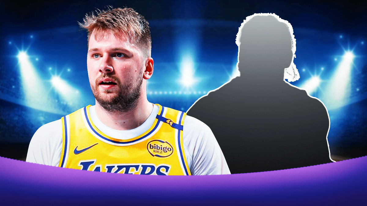 Featured Graphic idea: Image of Lakers Luka Doncic smiling next to an silohouette of Lakers Gabe Vincent
