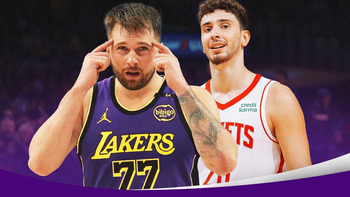 Luka Doncic next to Alperen Sengun on the Lakers court.