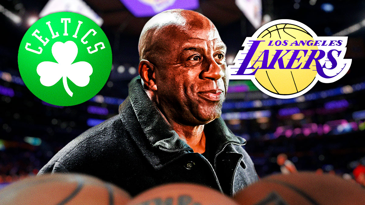 Hall of Fame guard Magic Johnson next to the Celtics logo with the Lakers logo in the background