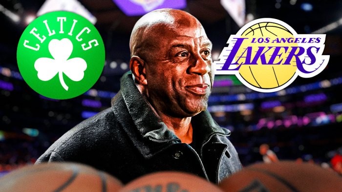 Hall of Fame guard Magic Johnson next to the Celtics logo with the Lakers logo in the background