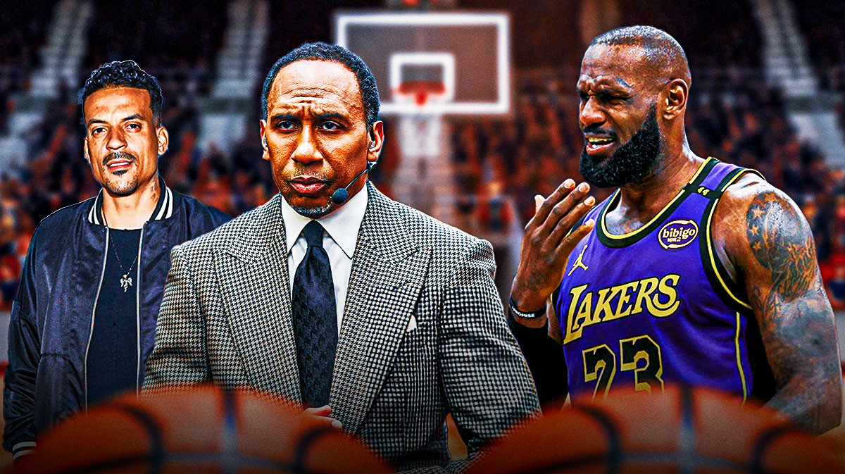 LeBron James in a Lakers jersey, looking mad at Stephen A Smith, and Matt Barnes standing beside him.