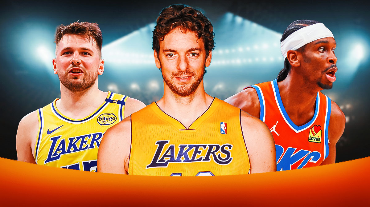 Former Los Angeles Lakers star Pau Gasol in the middle with Luka Doncic and Shai Gilgeous-Alexander on either side in front of Crypto.com arena.