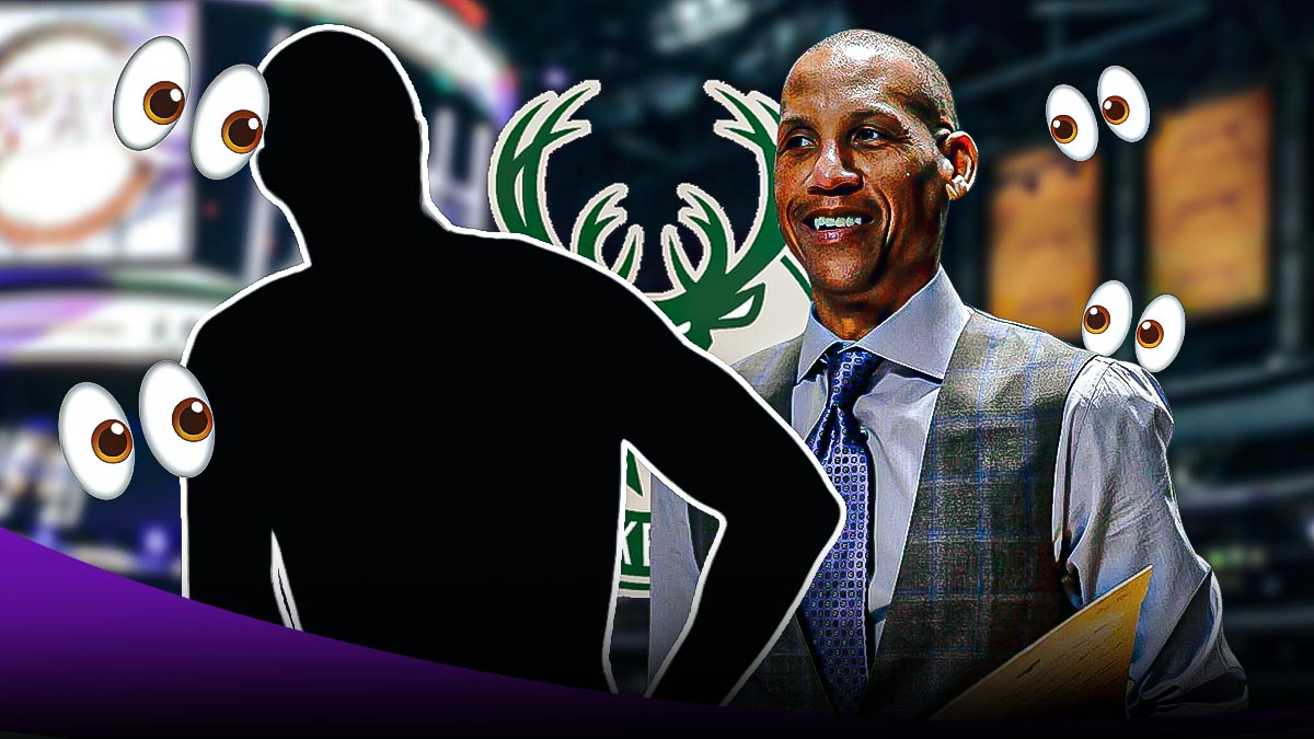 Reggie Miller, silhouette of Alex Len, LA Lakers and Milwaukee Bucks logos, eyes symbols