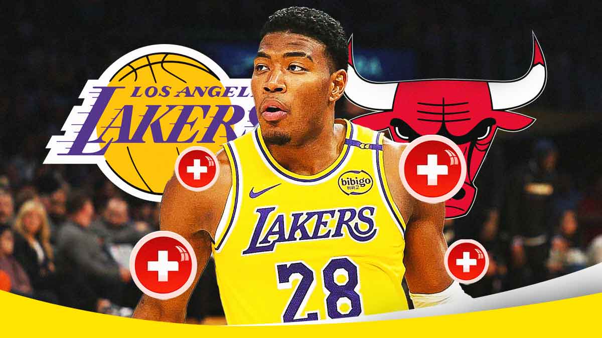 Rui Hachimura, LA Lakers and Chicago Bulls logos, injury symbols