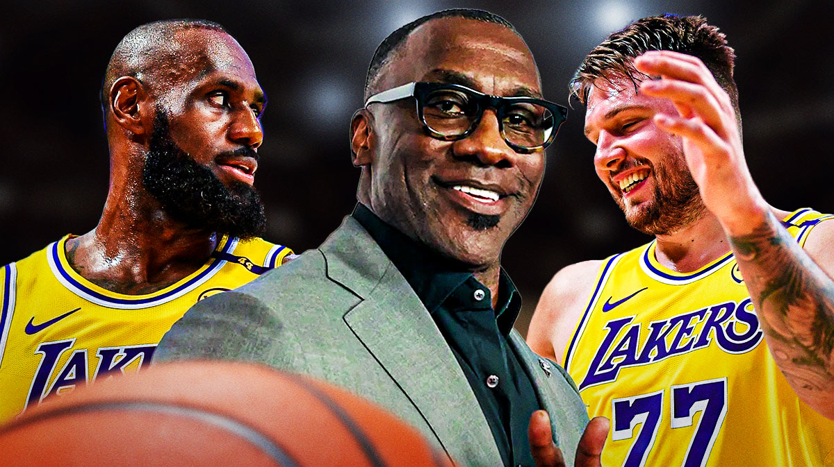ESPN's Shannon Sharpe in between Lakers All-Star LeBron James and Lakers guard Luka Doncic