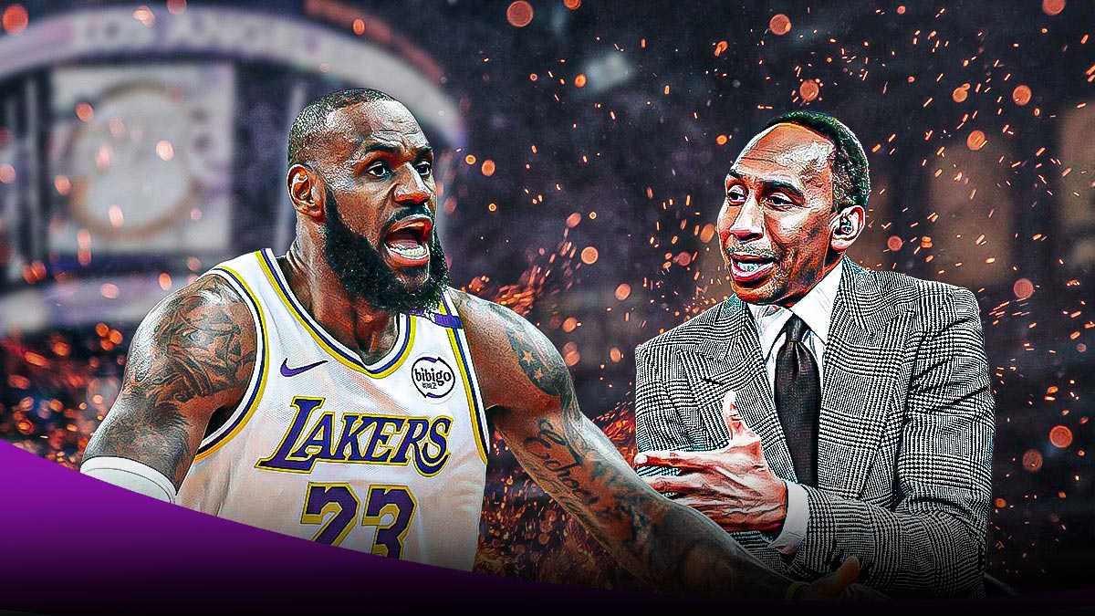 ESPN's Stephen A Smith next to an angry Lakers superstar LeBron James with fire in the background