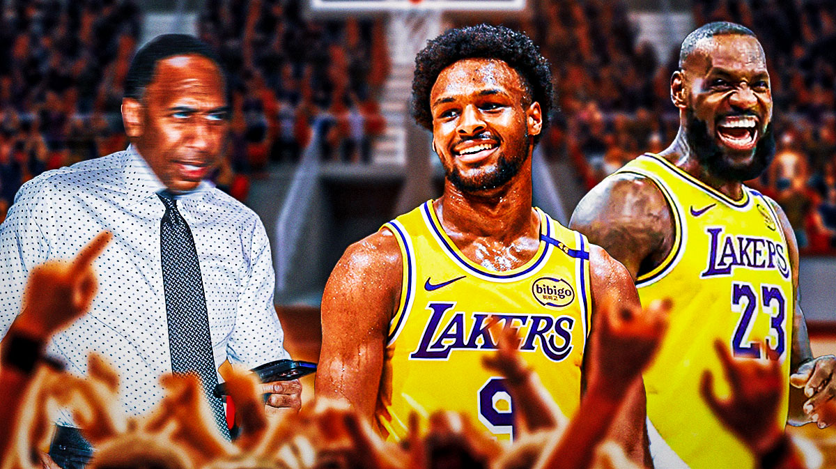 Stephen A Smith shaking his head, with LeBron James and Bronny James both in Lakers jerseys, next to Smith.