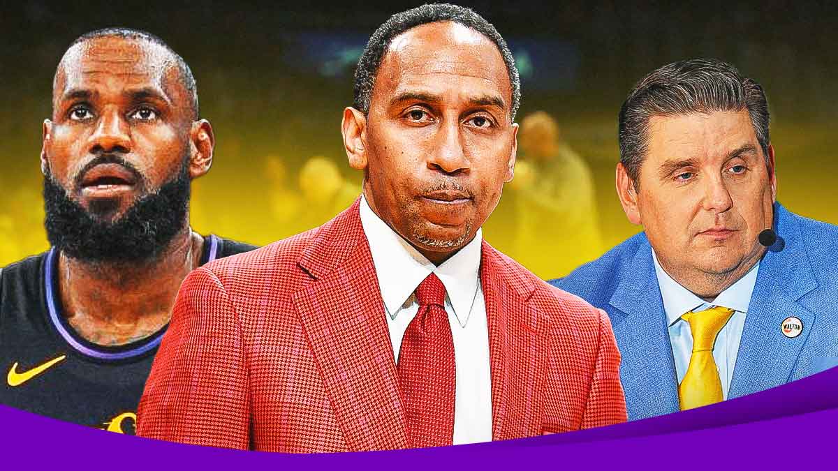 ESPN's Stephen A Smith between Lakers All-Star LeBron James (in street clothes) and ESPN's Brian Windhorst