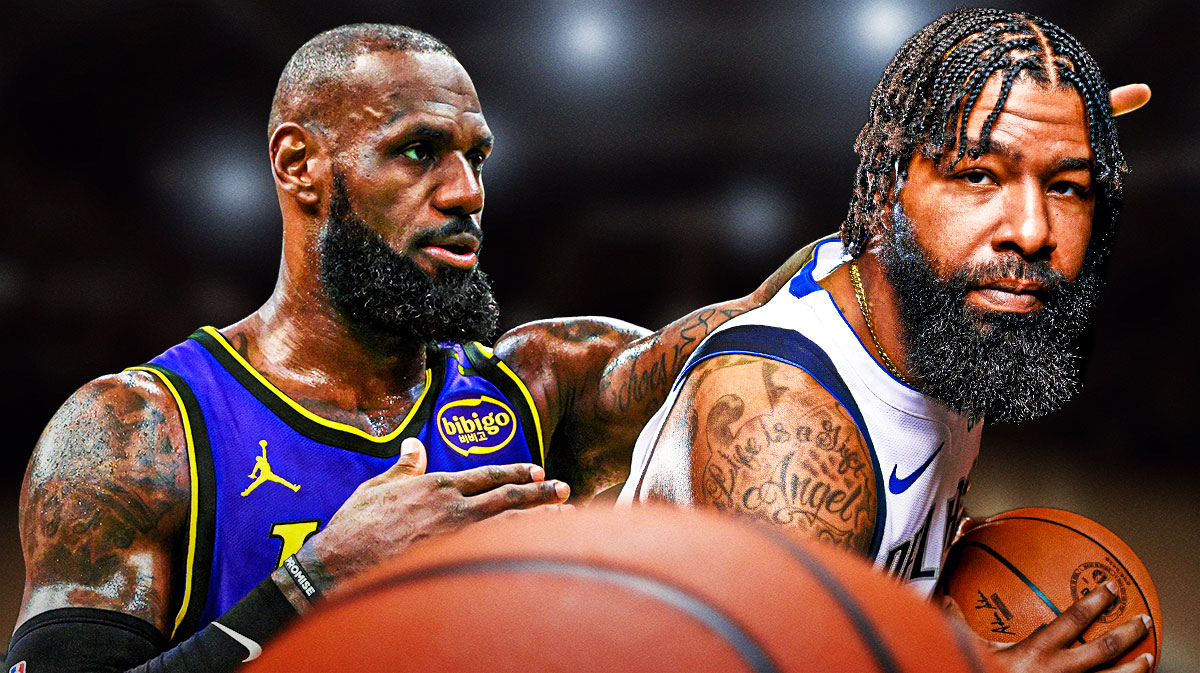 Lakers forward LeBron James and Markieff Morris standing next to him.