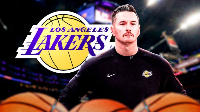 Los Angeles Lakers head coach JJ Redick and the Lakers logo