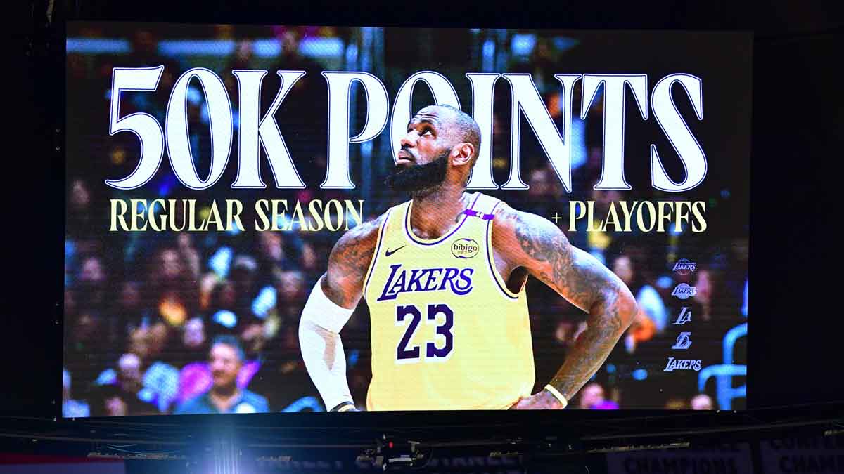 Video board showing 50,000 milestone career for Los Angeles Lakers forward Lebron James (23) after scoring a basket with three points against 