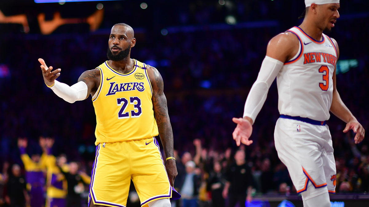 Lakers forward Lebron James (23) reacts to New York Connections during the second half at the CRIPTO.com Arena